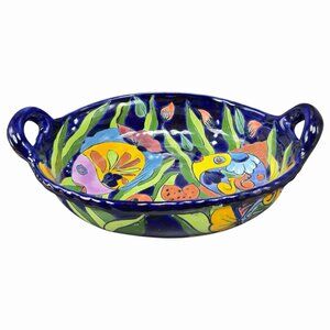 Hand Made Mexican Talavera Pottery Tray Dish With Handles Hand Painted Fish VTG